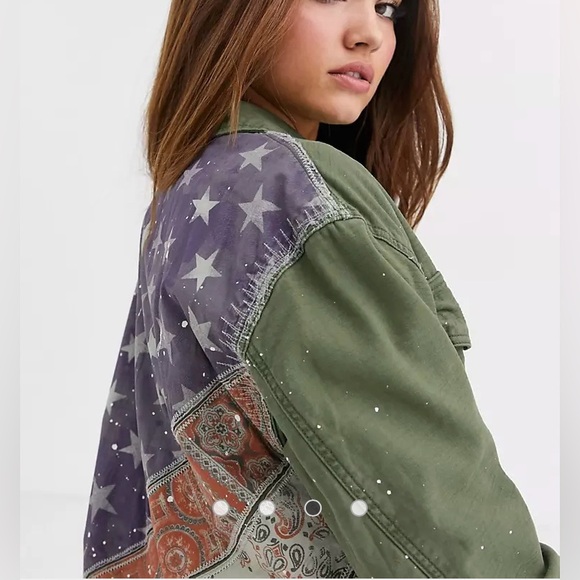 FREE PEOPLE Sz S SPRUCE MILITARY SHIRT JACKET AMERICAN FLAG ARMY GREEN Was $228 - Picture 5 of 17